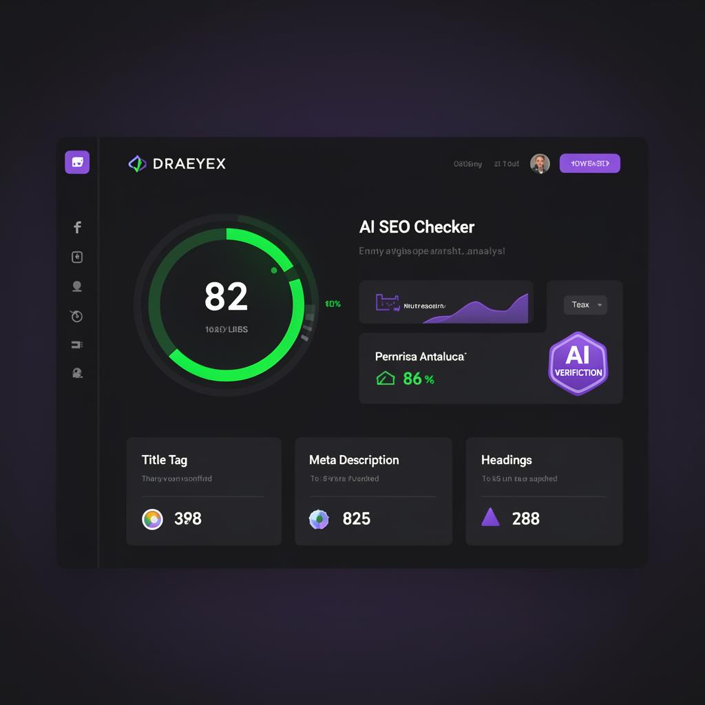 DRAEYEX AI SEO Checker dashboard showing performance scores, AI verification badges, and SEO recommendations
